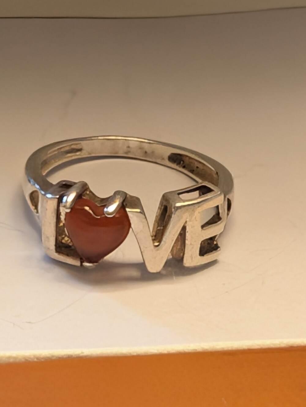 Silver Love Ring size 7 Carnelian Heart Vintage 1970's 925 Love Story Romantic